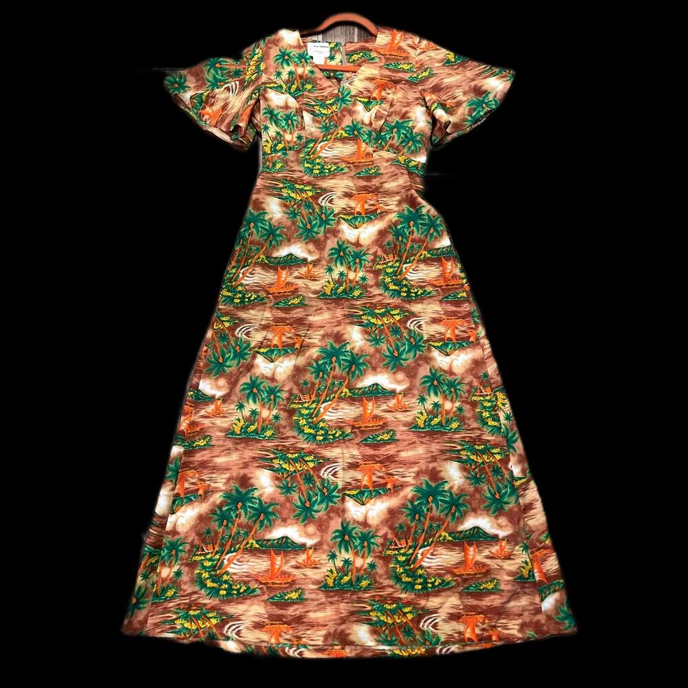 Royal Hawaiian Vintage Womens Aloha Landscape 1970s Maxi Dress EUC